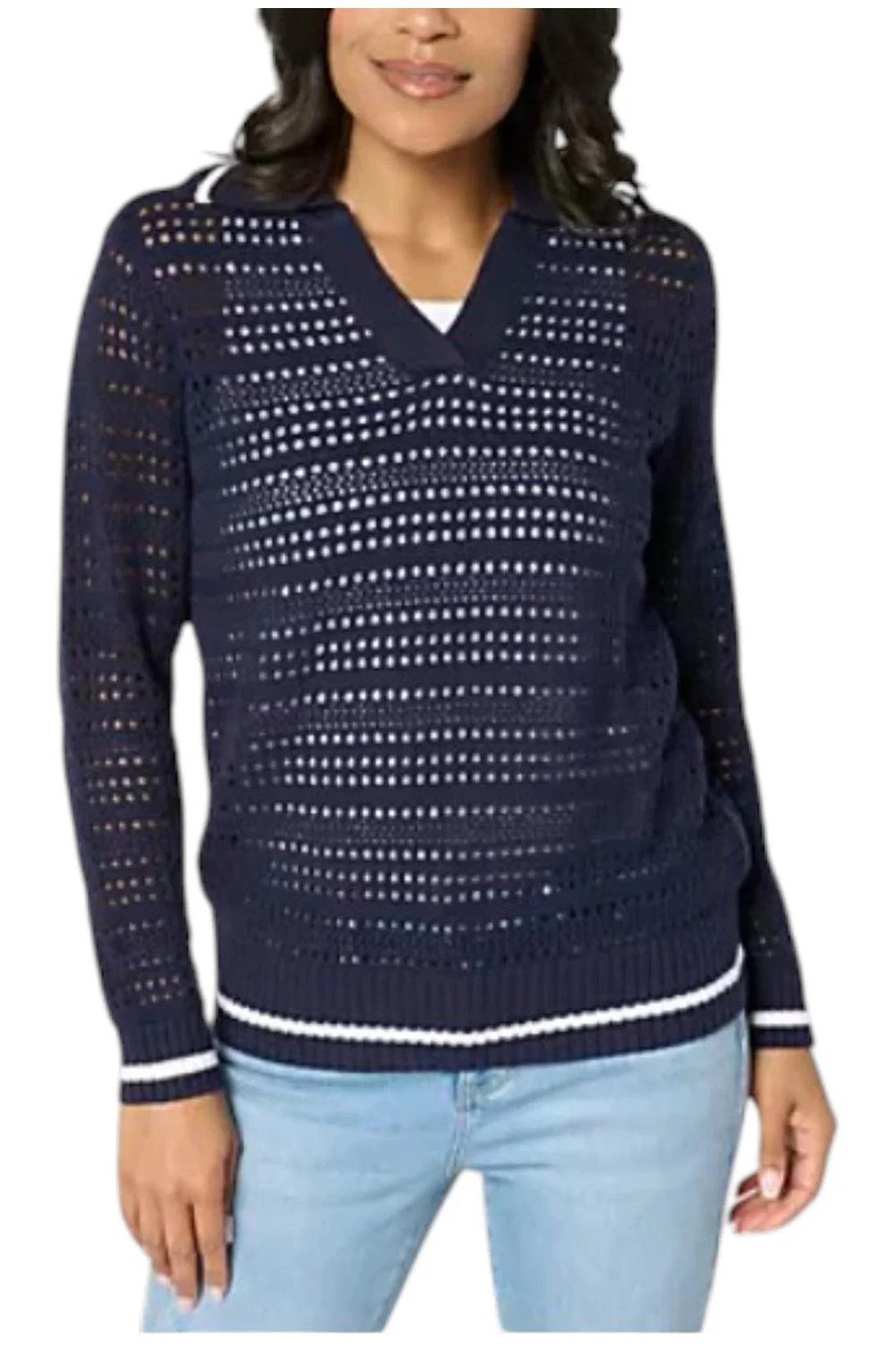 Joan Rivers Women's Collared Long Sleeve Open Stitch Sweater Navy - Regular